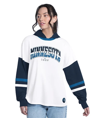 G-iii 4Her by Carl Banks Women's White/Navy Minnesota Timberwolves Key Player Oversized Hooded Long Sleeve T-Shirt