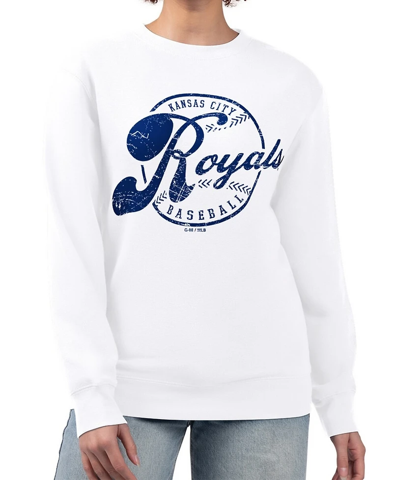 G-iii 4Her by Carl Banks Women's White Kansas City Royals Distressed Baseball Team Fleece Pullover Sweatshirt