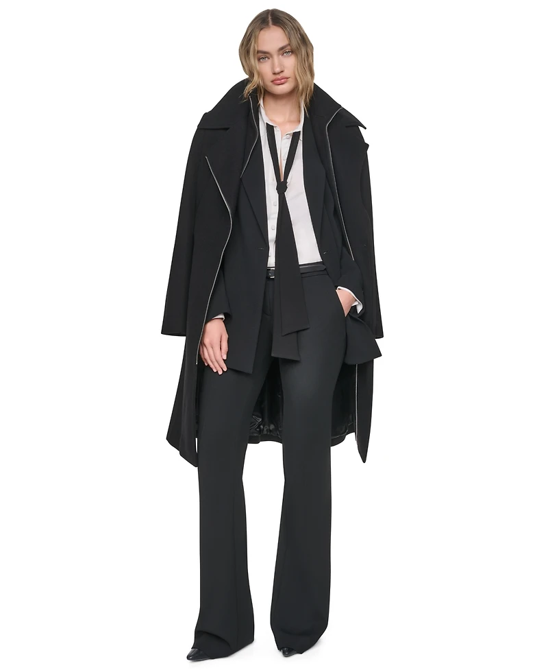 Dkny Women's Faux-Leather Trimmed Assymetrical Wrap Coat