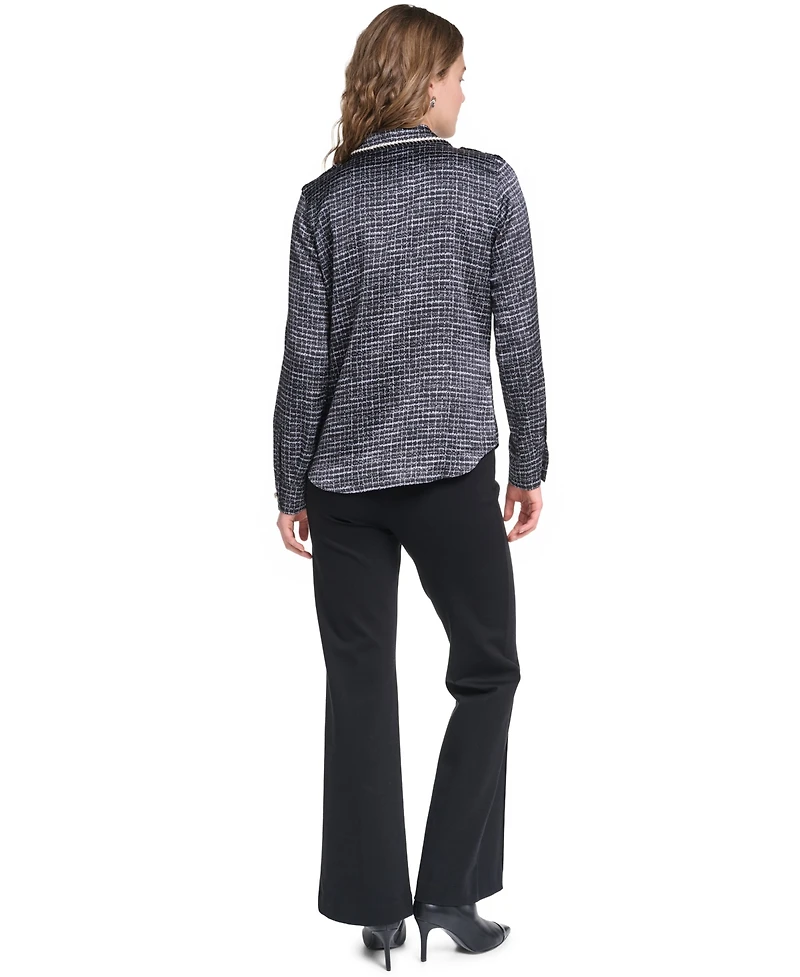 Karl Lagerfeld Paris Petite Print Tweed Trim Top