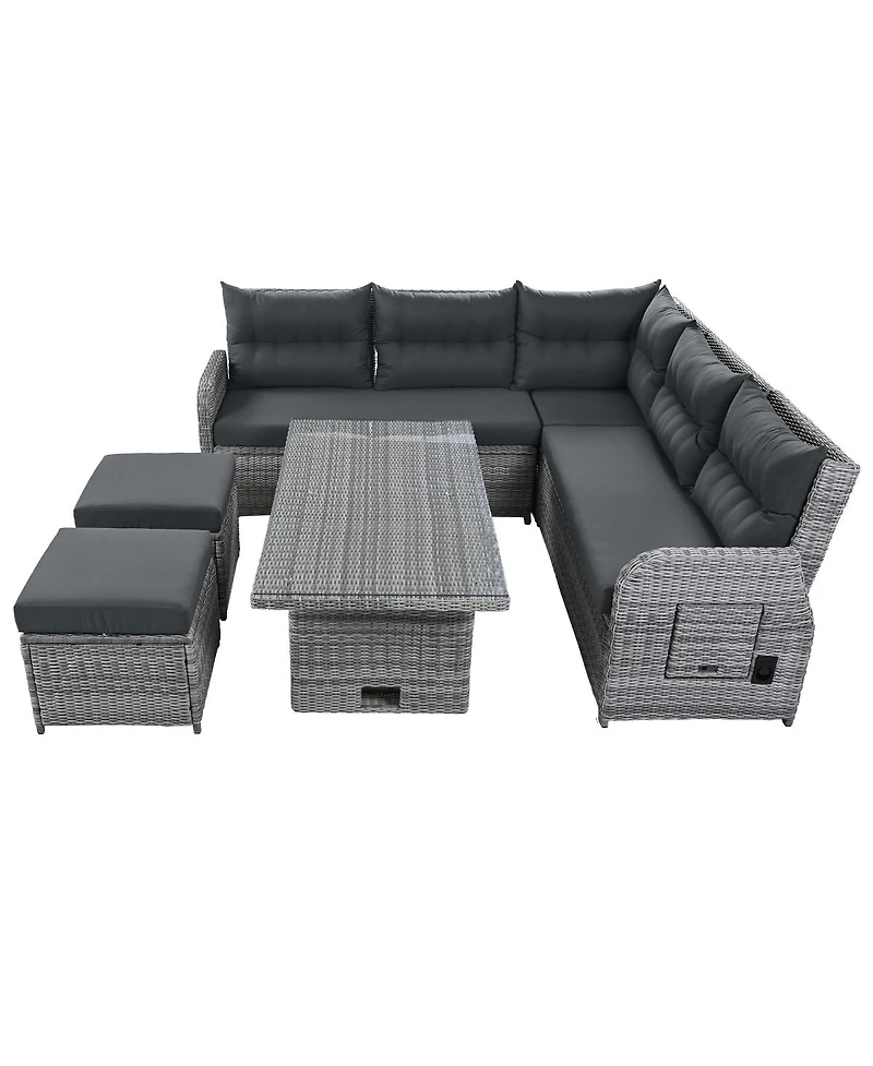 Asagikoiai Outdoor Rattan Sectional Sofa Set with Adjustable Table and Recliners and Ottomans