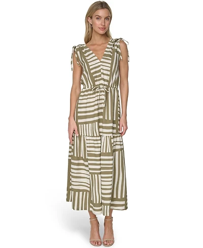 Calvin Klein Women's Sleeveless V-Neck Printed Tiered Maxi Dress