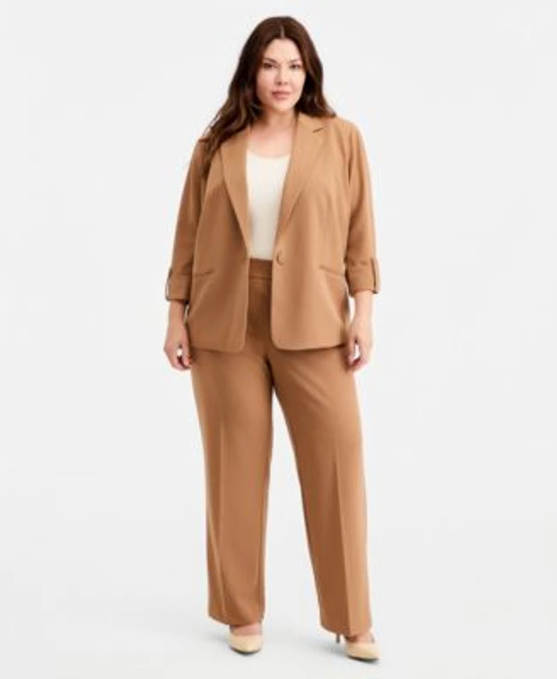 Anne Klein Essentials Plus Size Roll Tab Sleeve One Button Blazer High Rise Straight Leg Pants