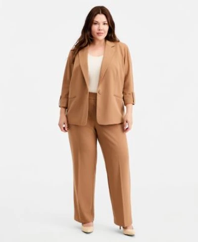 Anne Klein Essentials Plus Size Roll Tab Sleeve One Button Blazer High Rise Straight Leg Pants