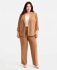 Anne Klein Essentials Plus Size Roll Tab Sleeve One Button Blazer High Rise Straight Leg Pants