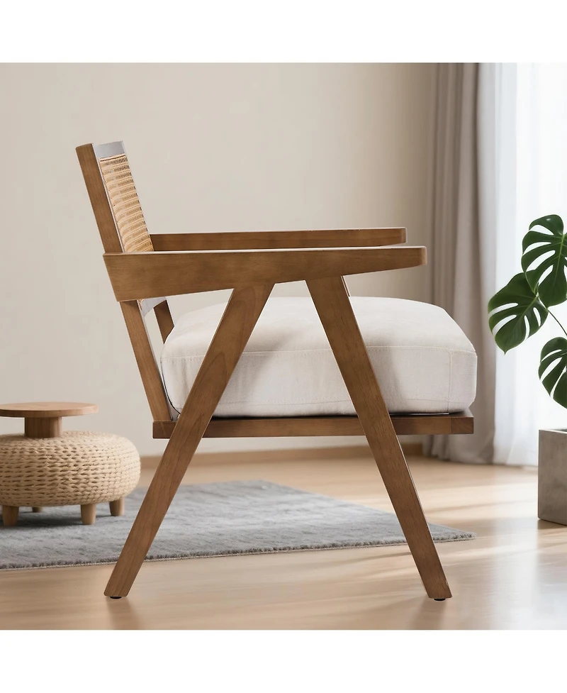 homfan Mid-Century Modern Accent Chair, Rattan Backrest, Suede or Linen Cushion, Wood Frame, Lounge Chair for Living Room