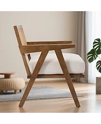 homfan Mid-Century Modern Accent Chair, Rattan Backrest, Suede or Linen Cushion, Wood Frame, Lounge Chair for Living Room