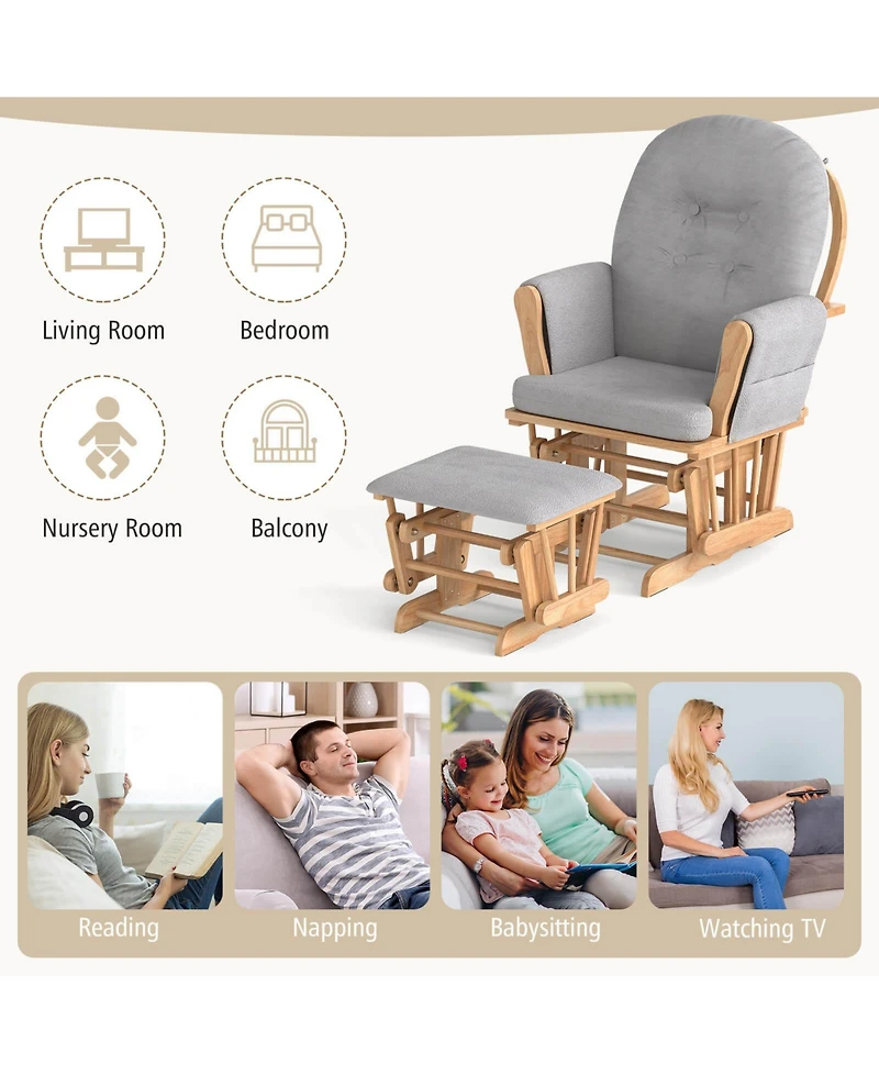 Costway Baby Glider and Ottoman Cushion Set Wood Nursery Rocking Chair