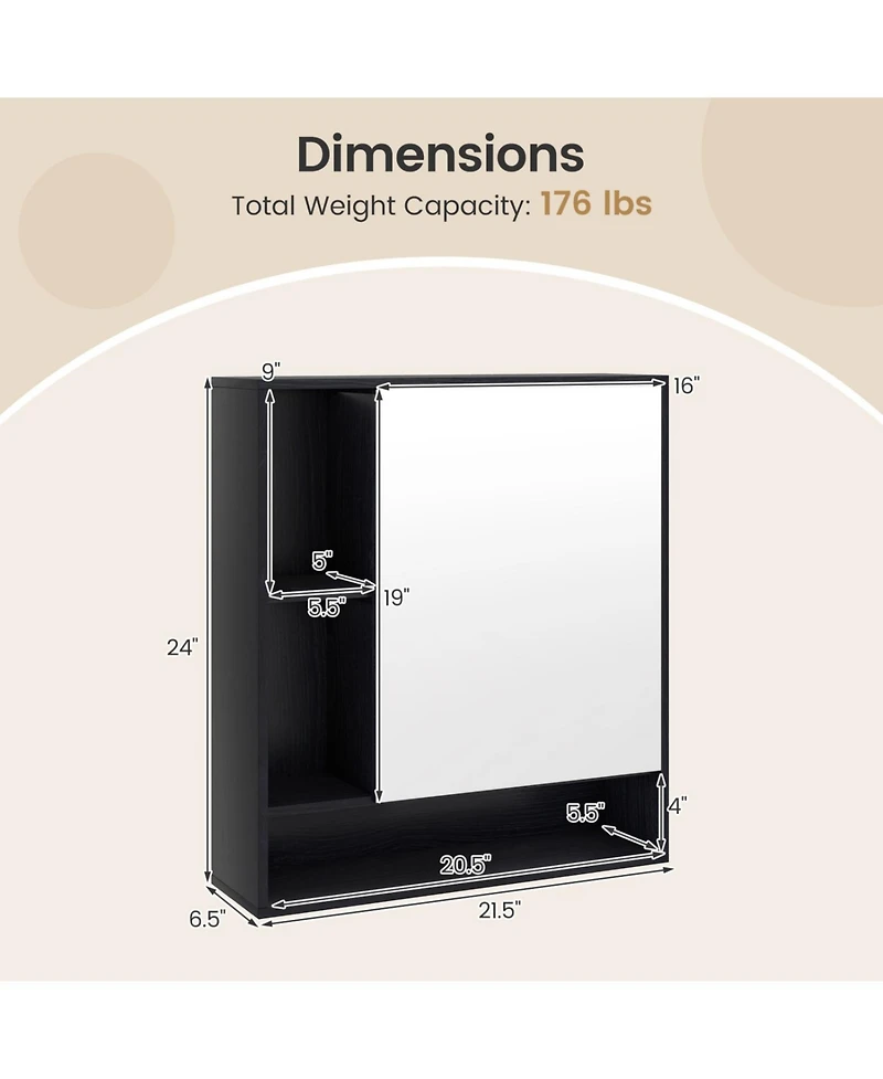Volenca Wall-Mounted Bathroom Mirror Cabinet with Lower and Side Shelves, 21-in W