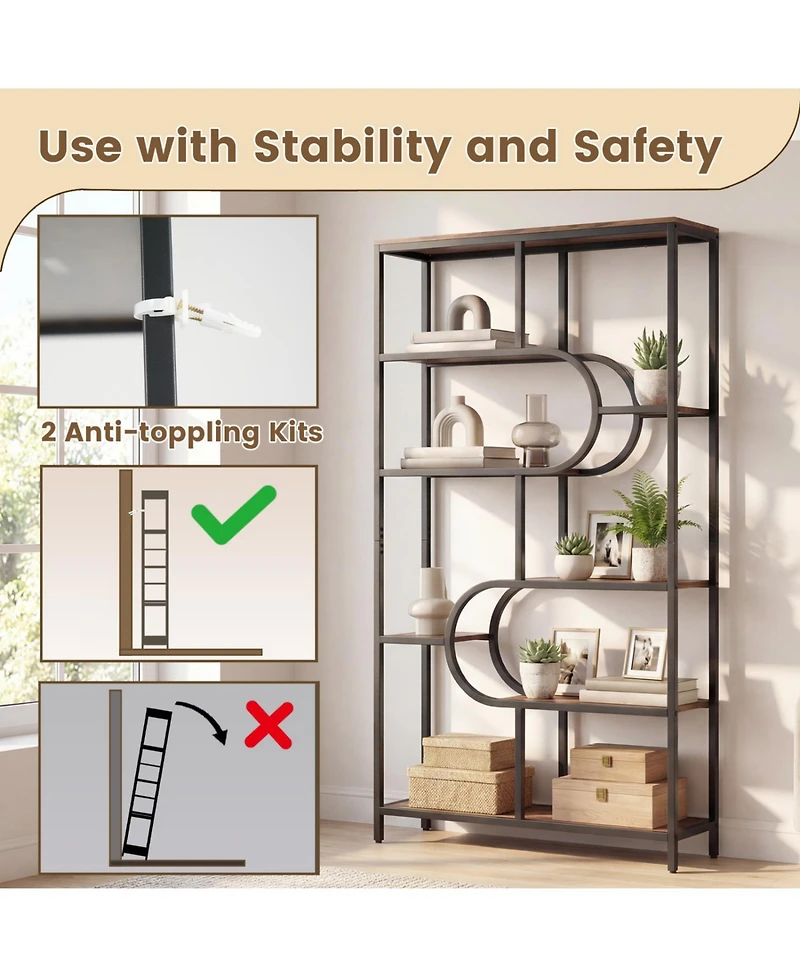 Slickblue Tall 5-Tier Bookcase with U-Shaped Open Shelves