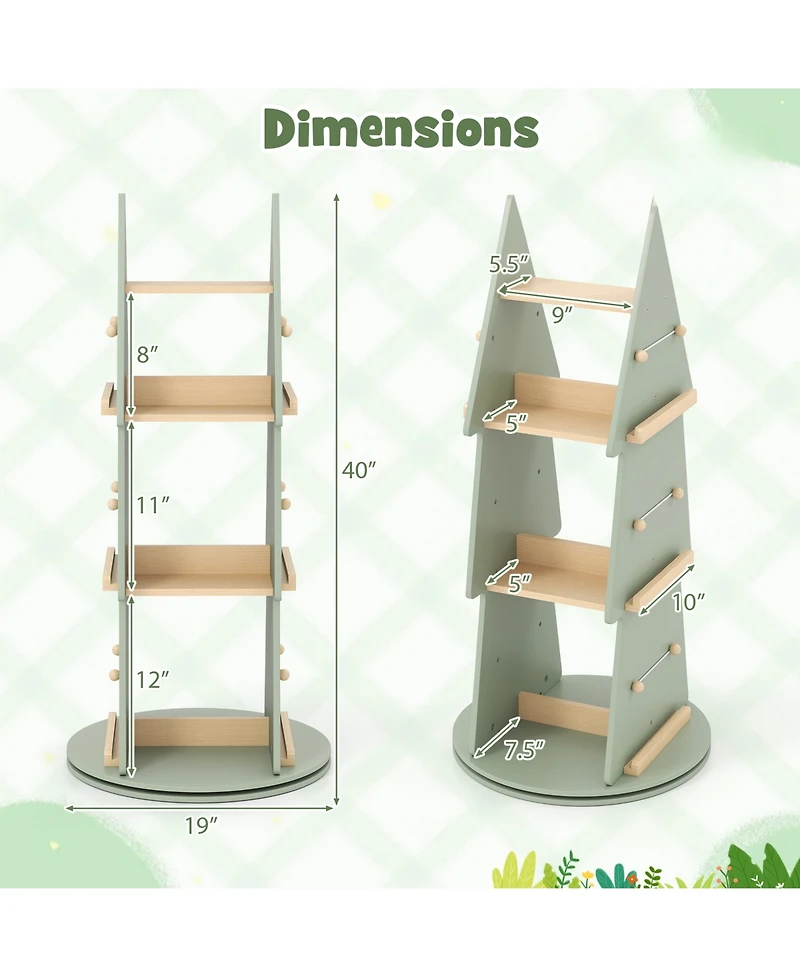Slickblue Kids 4-Tier Tree Bookshelf with Rotating Display Shelves