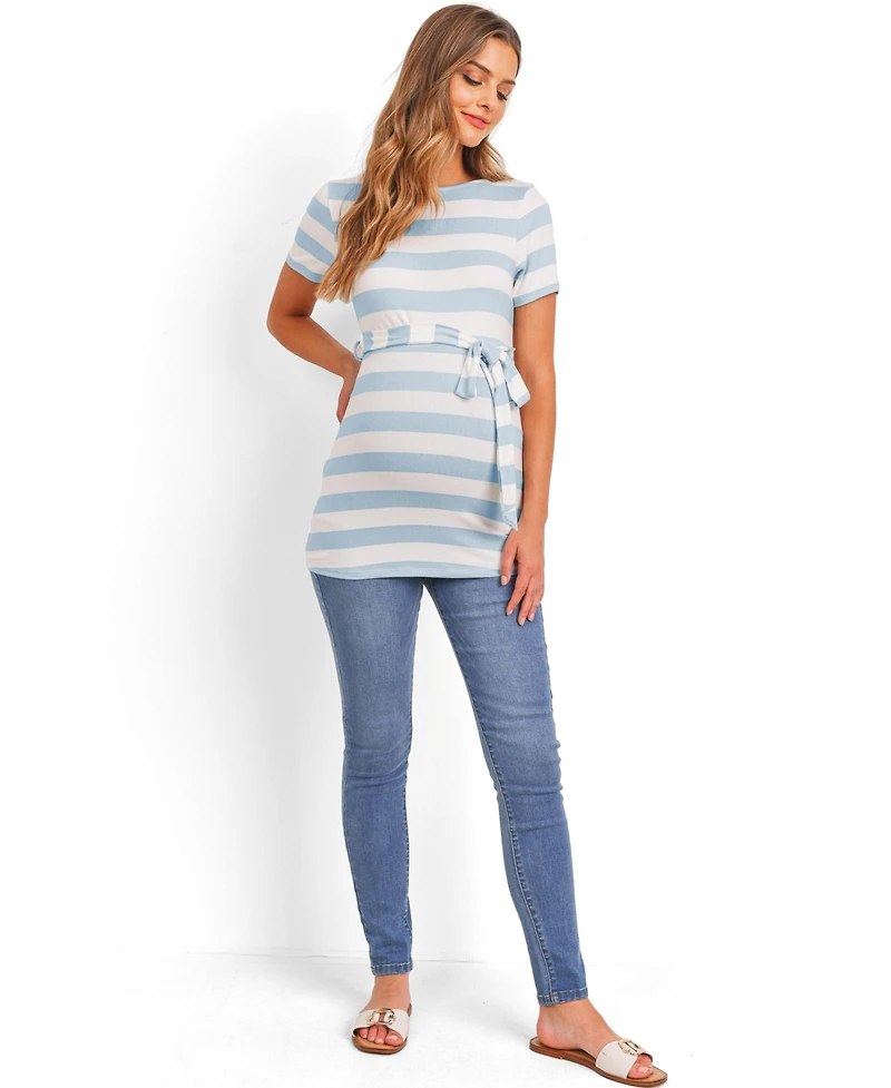 Hello Miz Women's Maternity Striped Tie-Waist Short Sleeve Tunic Top