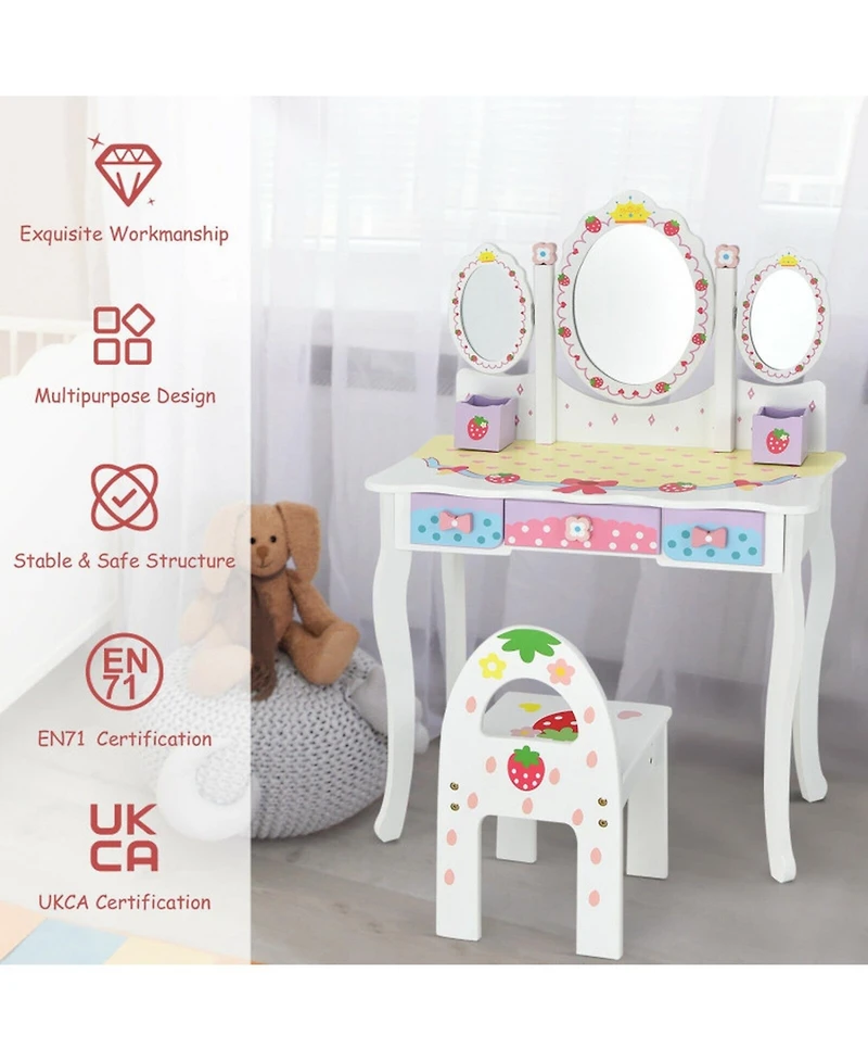 Gouun Kids Vanity Dressing Table and Chair Set with Tri-Fold Mirror