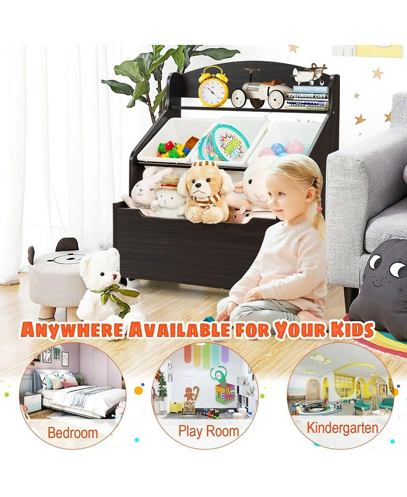 Slickblue Kids Storage Cabinet with Plastic Bins and Rolling Toy Box