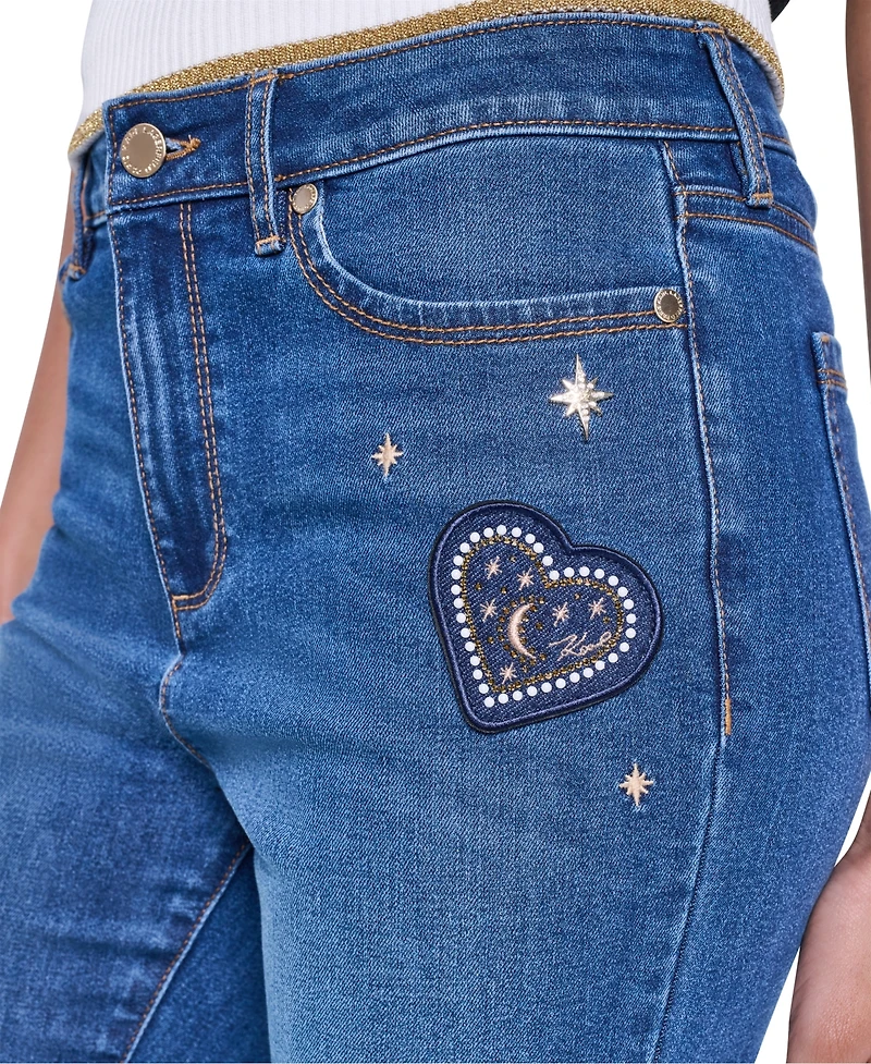 Karl Lagerfeld Paris Petite Embroidered Motif Bootcut Jeans