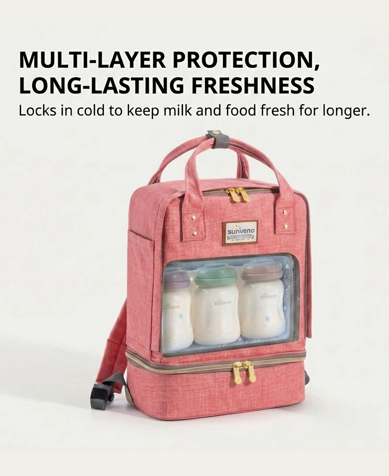 Sunveno Baby Double Layer Breastmilk Cooler Backpack, Leak-Resistant Nursing Bag