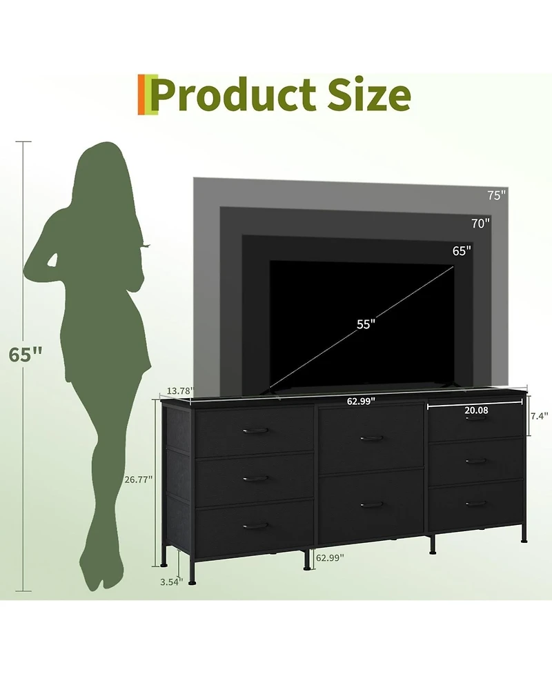 homfan 8 Drawer Dresser, 63 Inch Fabric Tv Stand Storage Cabinet with Wooden Top for 75 Bedroom Living Room