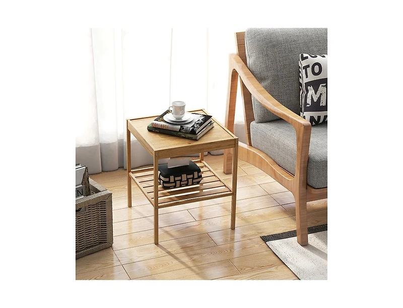 2 Pieces 2 Tiers Bamboo Nightstand for Living Room Bedroom-Natural