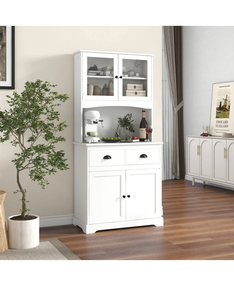 Gouun Tall Sideboard Storage Cabinet with 2 Drawers and Glass Doors