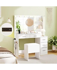 Costway Makeup Table Set Vanity Desk with Storage Stool Power Outlets 2 Open Shelves