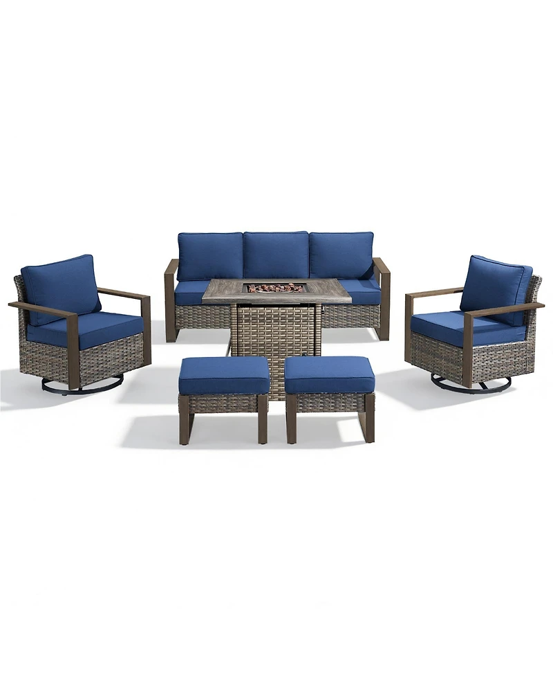 Pocassy 6-Piece Wicker Patio Furniture Set, Swivel Chairs, Outdoor Deep Seating Conversation Sets with Fire Pit Table and Ottomans