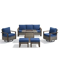 Pocassy 6-Piece Wicker Patio Furniture Set, Swivel Chairs, Outdoor Deep Seating Conversation Sets with Fire Pit Table and Ottomans