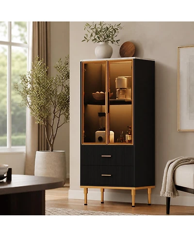 homfan Glass Door Storage Cabinet with Wave Drawers, Tall Accent Shelves for Living Room Dining