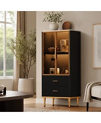 homfan Glass Door Storage Cabinet with Wave Drawers, Tall Accent Shelves for Living Room Dining