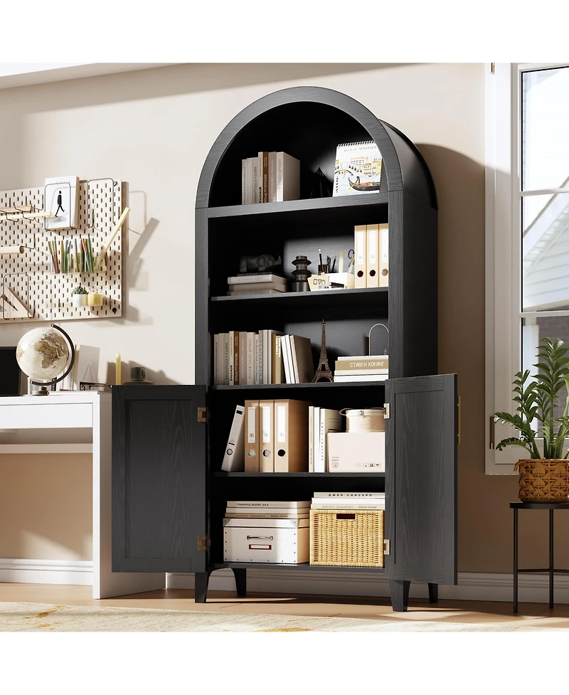homfan Arched 5-Tier Storage Cabinet with Doors, Modern Farmhouse Cupboard Open Display Shelves, Multipurpose Furniture for Kitchen, Dining Room