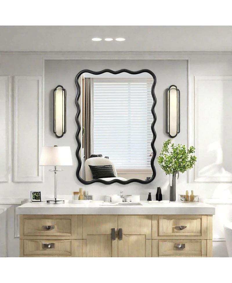 Laoties 40" x 28" Wavy Solid Wood Wall Mirror, Modern Decorative Mirror for Living Room and Entryway