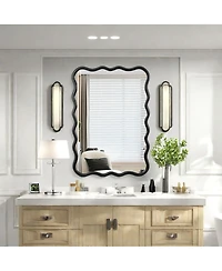 Laoties 40" x 28" Wavy Solid Wood Wall Mirror, Modern Decorative Mirror for Living Room and Entryway