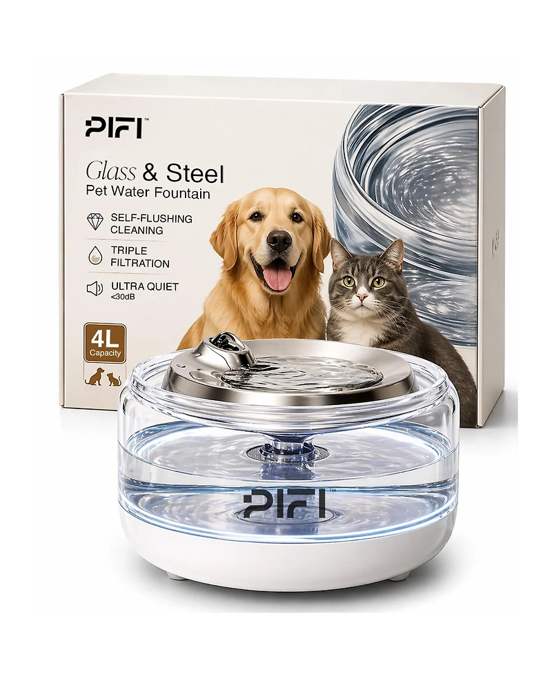 PiFi Sapphire Dog Glass Water Fountain, 4L, Ultra-Quiet