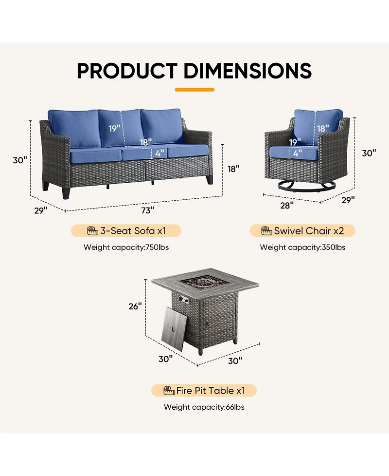 Pocassy Patio Furniture Set with Fire Pit Table, Swivel Chairs, Sofa, 4pcs Wicker Conversation Set for Deck Yard and Poolsid