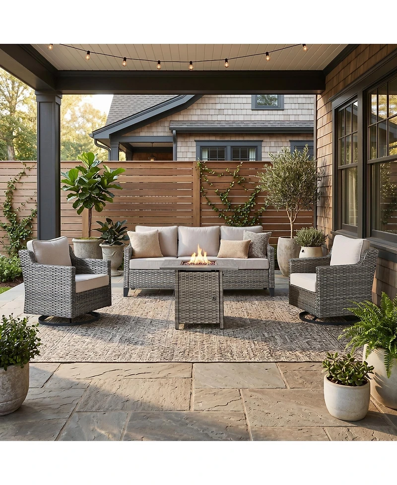 Pocassy Patio Furniture Set with Fire Pit Table, Swivel Chairs, Sofa, 4pcs Wicker Conversation Set for Deck Yard and Poolsid