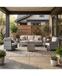 Pocassy Patio Furniture Set with Fire Pit Table, Swivel Chairs, Sofa, 4pcs Wicker Conversation Set for Deck Yard and Poolsid