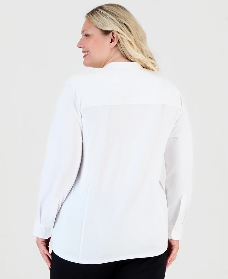 Jones New York Plus Stand Collar Button-Front Long-Sleeve Blouse
