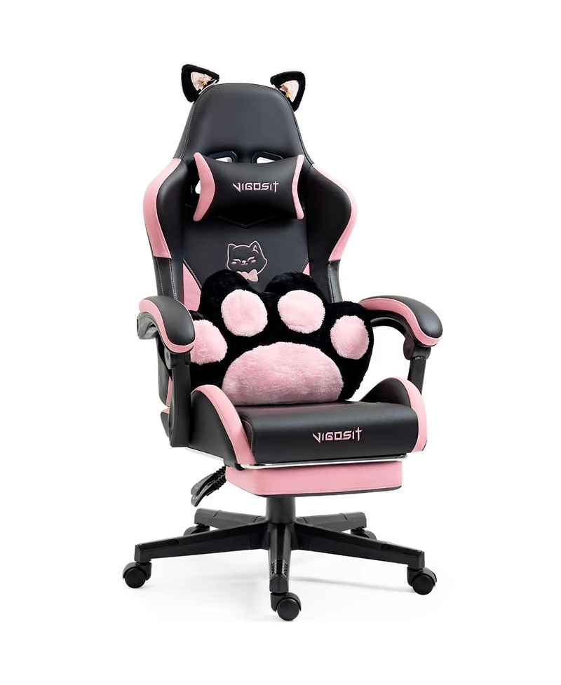 Rainsken Gaming Chair Cute, with Cat Ears Paw Lumbar and Cushion, Leather Fabric, 6-Position Recline, 310lbs Computer