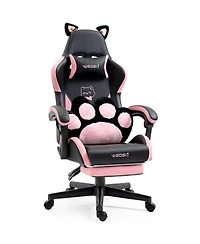 Rainsken Gaming Chair Cute, with Cat Ears Paw Lumbar and Cushion, Leather Fabric, 6-Position Recline, 310lbs Computer