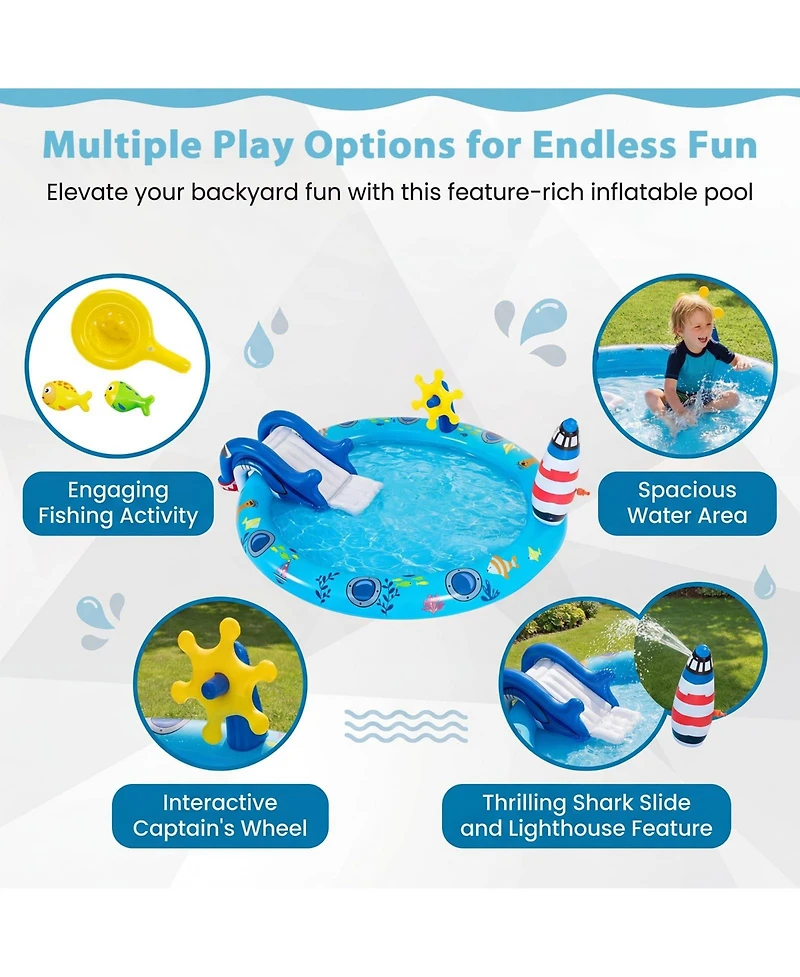 Aofar Inflatable Pool Shark Slide Sprinkler Fishing Water Play Center