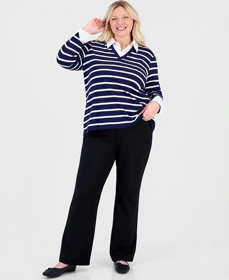 Jones New York Plus Size Long-Sleeve Striped V-Neck T-Shirt
