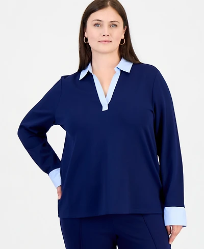 Jones New York Plus Twofer Top Serenity Knit Collared V-Neck Long-Sleeve