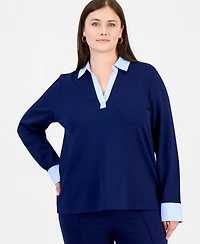 Jones New York Plus Twofer Top Serenity Knit Collared V-Neck Long-Sleeve