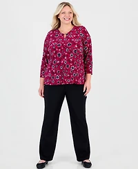 Jones New York Plus Kissing Trim Top Printed Floral-Print V-Neck 3/4-Sleeve Blouse