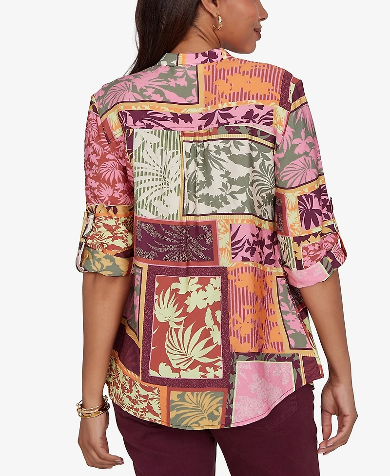 Ruby Rd. Petite Tropical Patchwork Voile Button Front Top