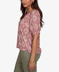 Ruby Rd. Petite Desert Geo Print Lace Trim Knit Top