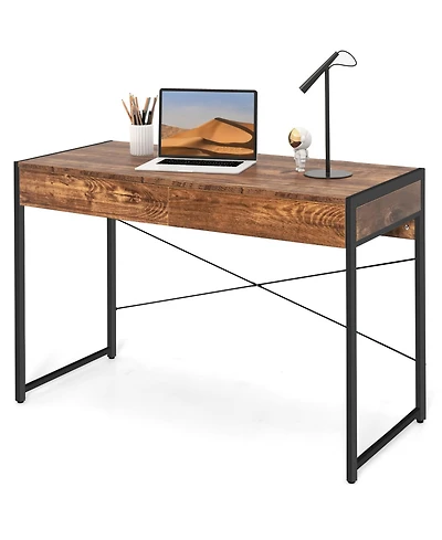 Gouun 2-Drawer Home Office Writing Desk with Reinforced Steel X-Frame