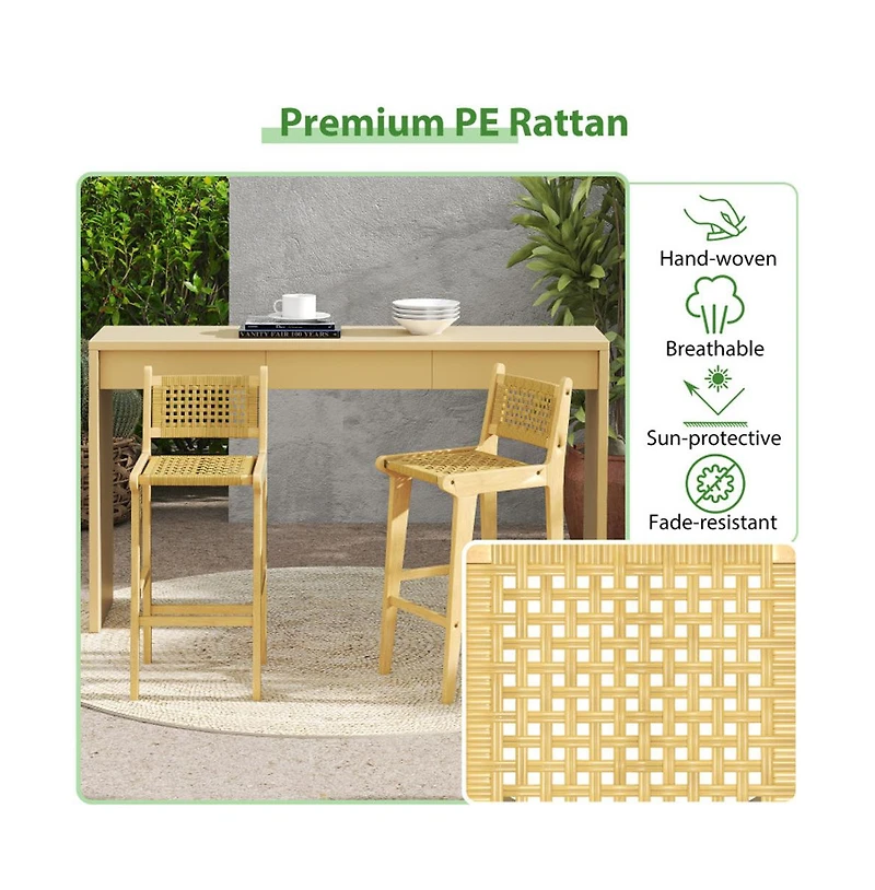 Boyel Living 1 piece Patio Teak Wood Bar Stool with Rattan Backrest and Seat