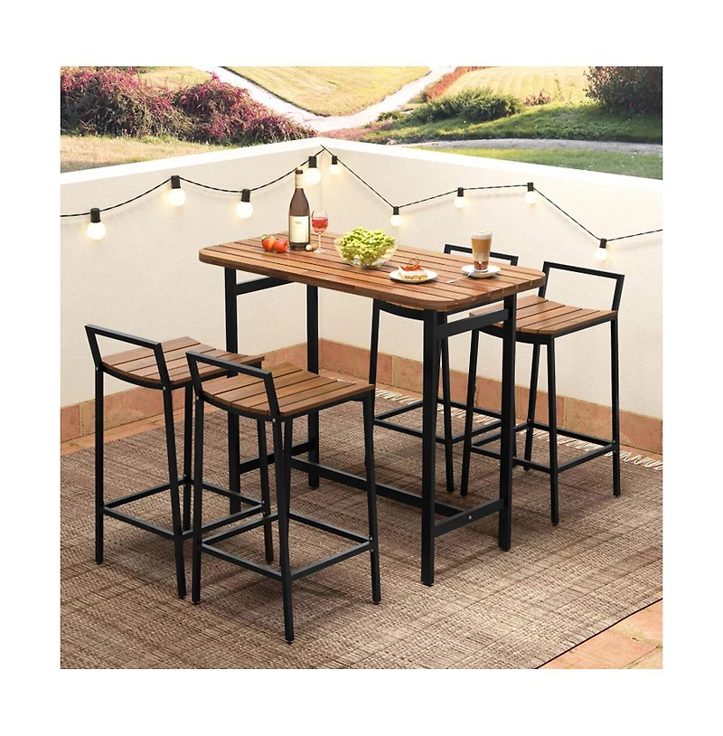 Boyel Living 5 Piece Acacia Wood Bar Table Set Bar Height Table and Chairs with Metal Frame and Footrest