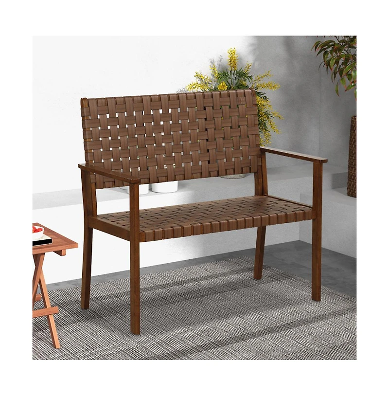 Boyel Living Outdoor All Weather Bench with Solid Rubber Wood Frame and Hand Woven Pu Leather