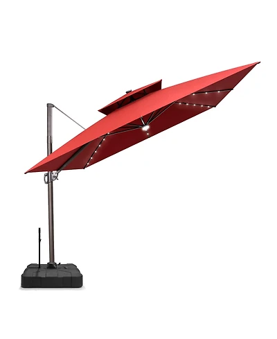 Pellebant Outdoor Patio 11x11Feet Aluminum Double Canopy Solar Lights Cantilever Umbrella with Rod Wheel Base